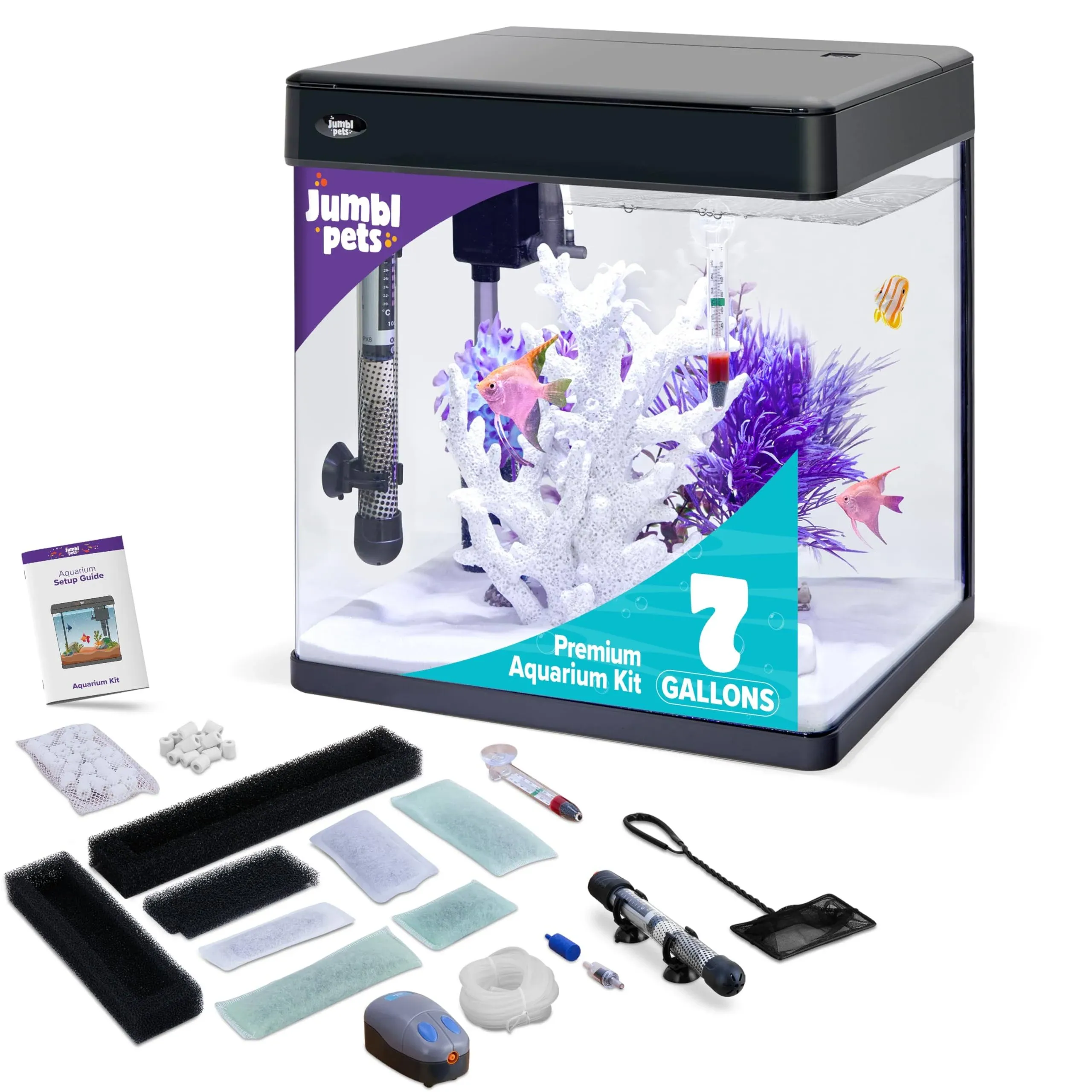 JumblPets Premium Fish Aquarium Kit, Complete Glass Fish Tank Kit w/LED Lighting &amp; More (12 Gallon)