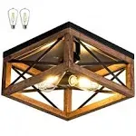 Flush Mount Ceiling Light Fixture for Kitchen Hallway, 2-Light Close to Ceiling Light with Black Metal and Wood Design, Rustic Farmhouse Ceiling