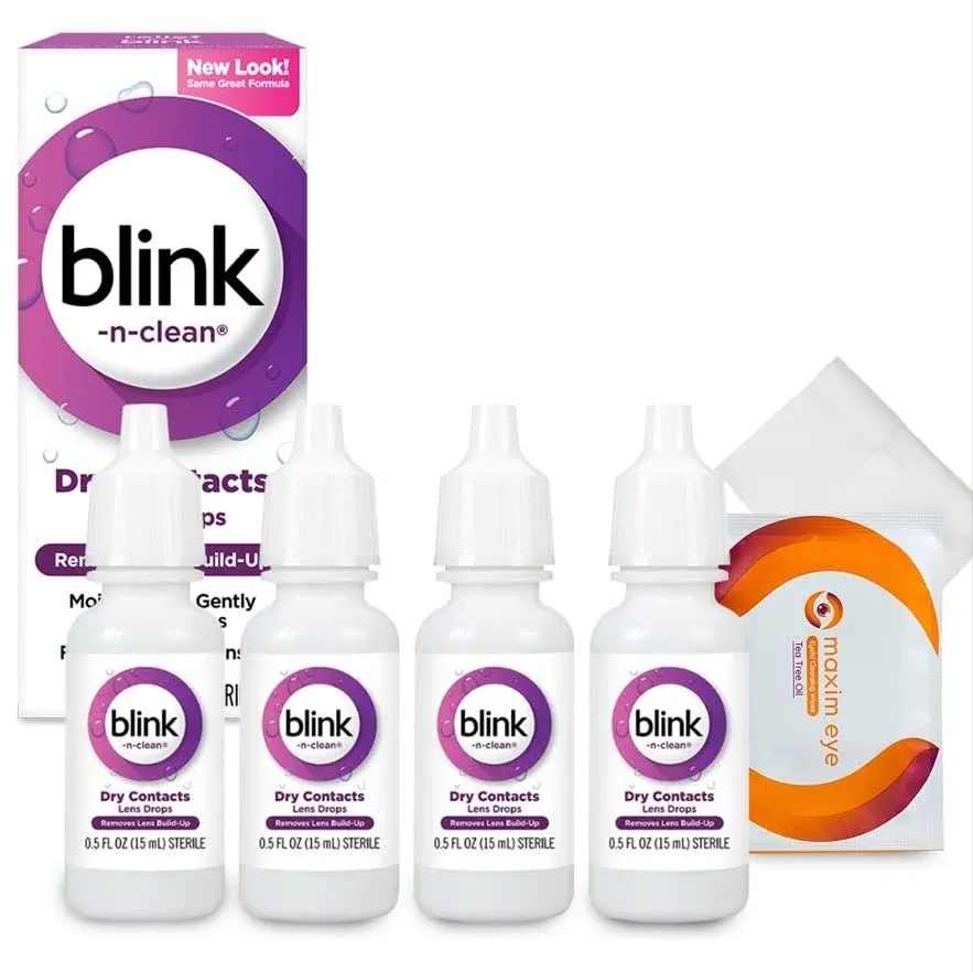 Blink-N-Clean Lens Drops 4 Pack Blink Eye Drops for Contact Lenses, 15 ml (Total 60 ml) Cleans & Moisturizes for Soft & RGP Lens Wearers, Bundled with 1 Tea Tree Oil Eyelid/Eyelash Wipe