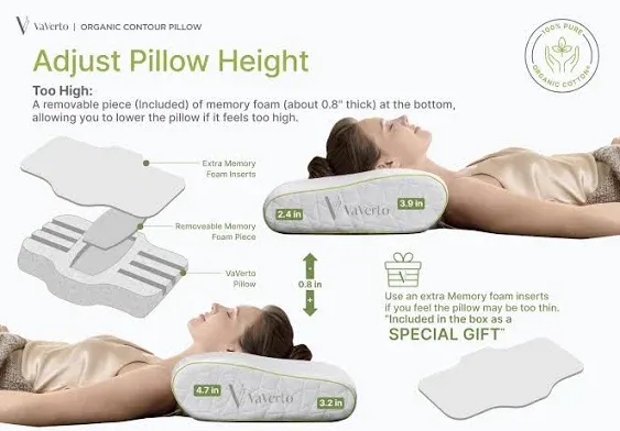 Vaverto Orthopedic Cervical Pillow for Side Sleeping- Adjustable Contour for Neck & Pain Relief, Ideal for Side, Back & Stomach Sleepers, Odorless Memory Foam, Organic Cotton Cover - King Size