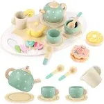 GAGAKU Wooden Tea Set for Little Girls,Wooden Toys Toddler Tea Set Play Kitchen Accessories for Kids Pretend Play Food Playset for Kids Tea Party 15Pcs