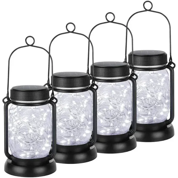 Cool White 4 Pack Solar Hanging Mason Jar Lights with Stakes, Waterproof Decorative Outdoor Solar Lantern Lamp, Vintage Glass Jar Starry Fairy Light with 30 LEDs for Patio Garden Tree Yard