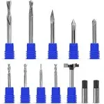 Complete Set of Essential CNC Router Bit Set, 9 Router Bits with 1/4-inch Shank, 2 Reducing Collets, 1 Surfacing Bit, Wood Carving Profile, V- Bits Solid Carbide | 1/4 Router Bit Set