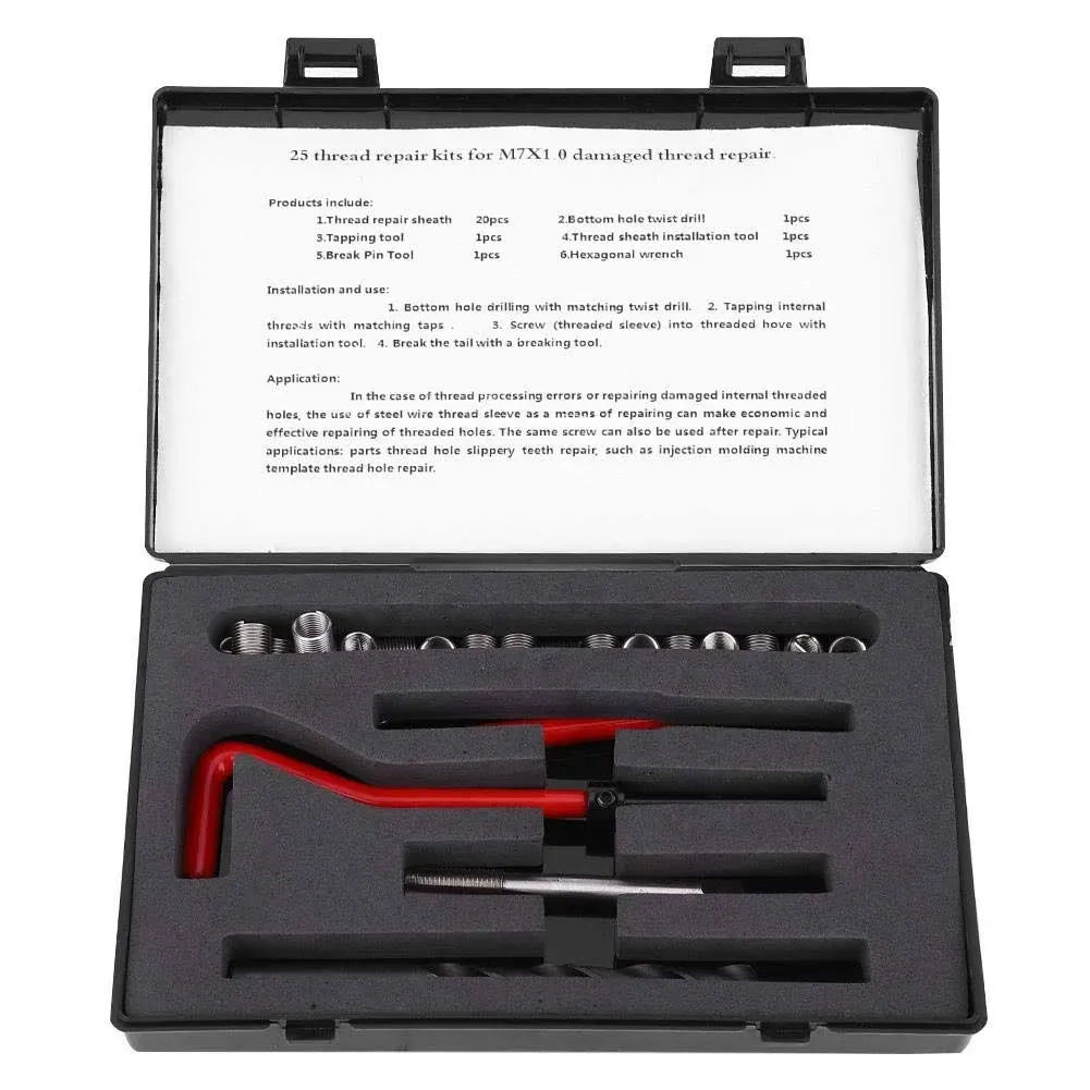 25Pcs M7x1 Thread Repair Kit Stainless Steel Twisted Drill Wrench Threaded Insert Tap Insertion Tool