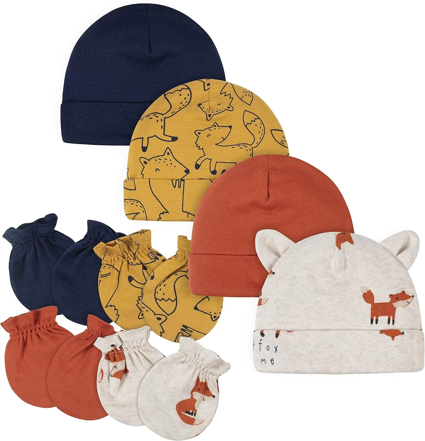 Gerber 8 Piece Baby Boys Cap and Mitten Set, Blue Fox, Newborn