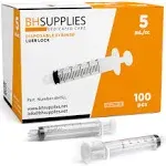 BH Supplies 5mL Luer Lock Tip Syringes (No Needle) - Sterile, Individually Wrapped - 100 Syringes