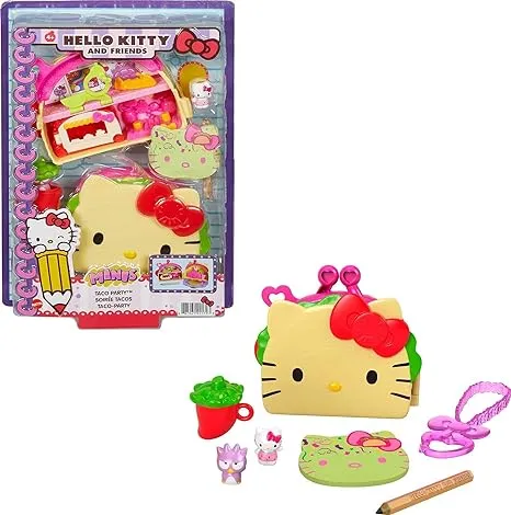 Hello Kitty Taco Party Compact Playset with 2 Sanrio Minis Figures, Stationery Notepad and Accessories