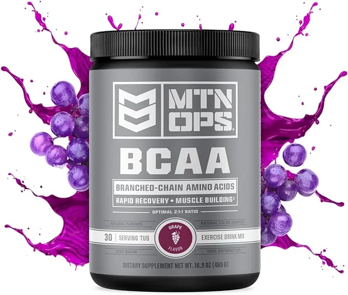 MTN OPS BCAA 2:1:1 Amino Acids Supplement Powder for Rapid Muscle Recovery & Repair with Zero Sugar & Gluten Free (30-Serving Tub, Grape)MTN OPS BCAA 2:1:1 Amino Acids Supplement Powder for Rapid Muscle Recovery & Repair with Zero Sugar & Gluten Free (30