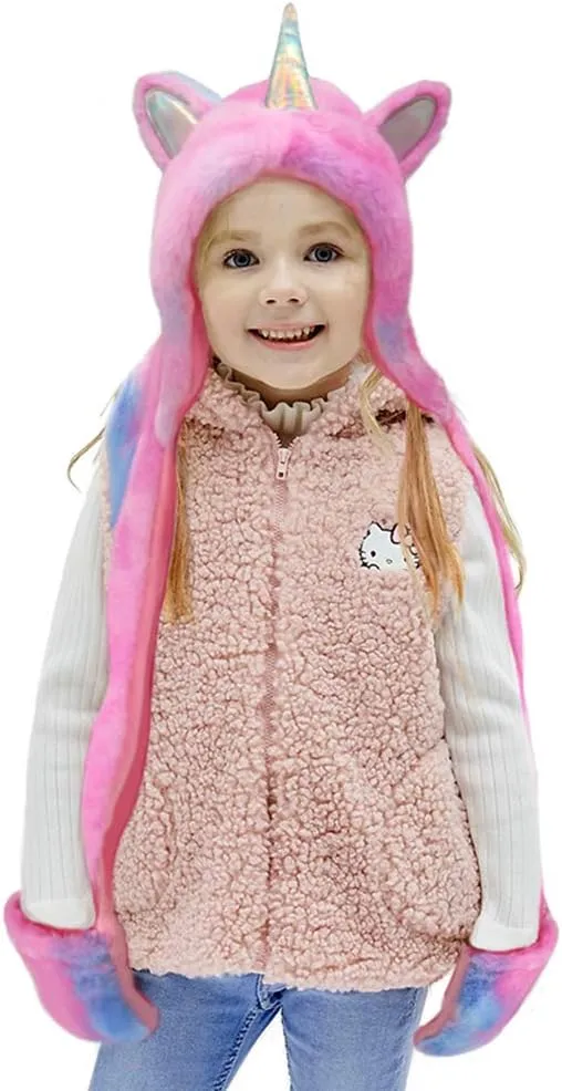 Gifts Treat Kids Unicorn Winter Hat with Scarf Plush Novelty Animal Hat 3 in 1 Multi-Functional Hat, Scarf and Mittens