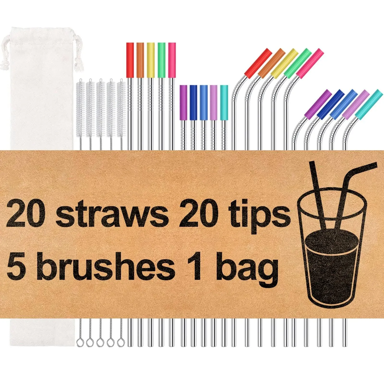 Reusable Metal Straws 46 Set Stainless Steel with 5 Cleaning Brushes Extra Long