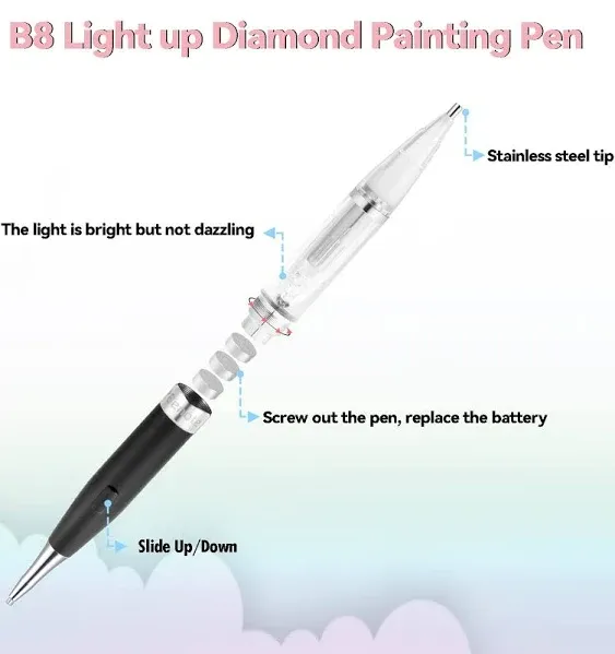 Original Diamond Art Pen Lighted Drill Pen 2.0 Metal Sticky Pen Tips, Diamond and Painting Accessories with Multi Replacement Pen Heads and Wax - B7 Black