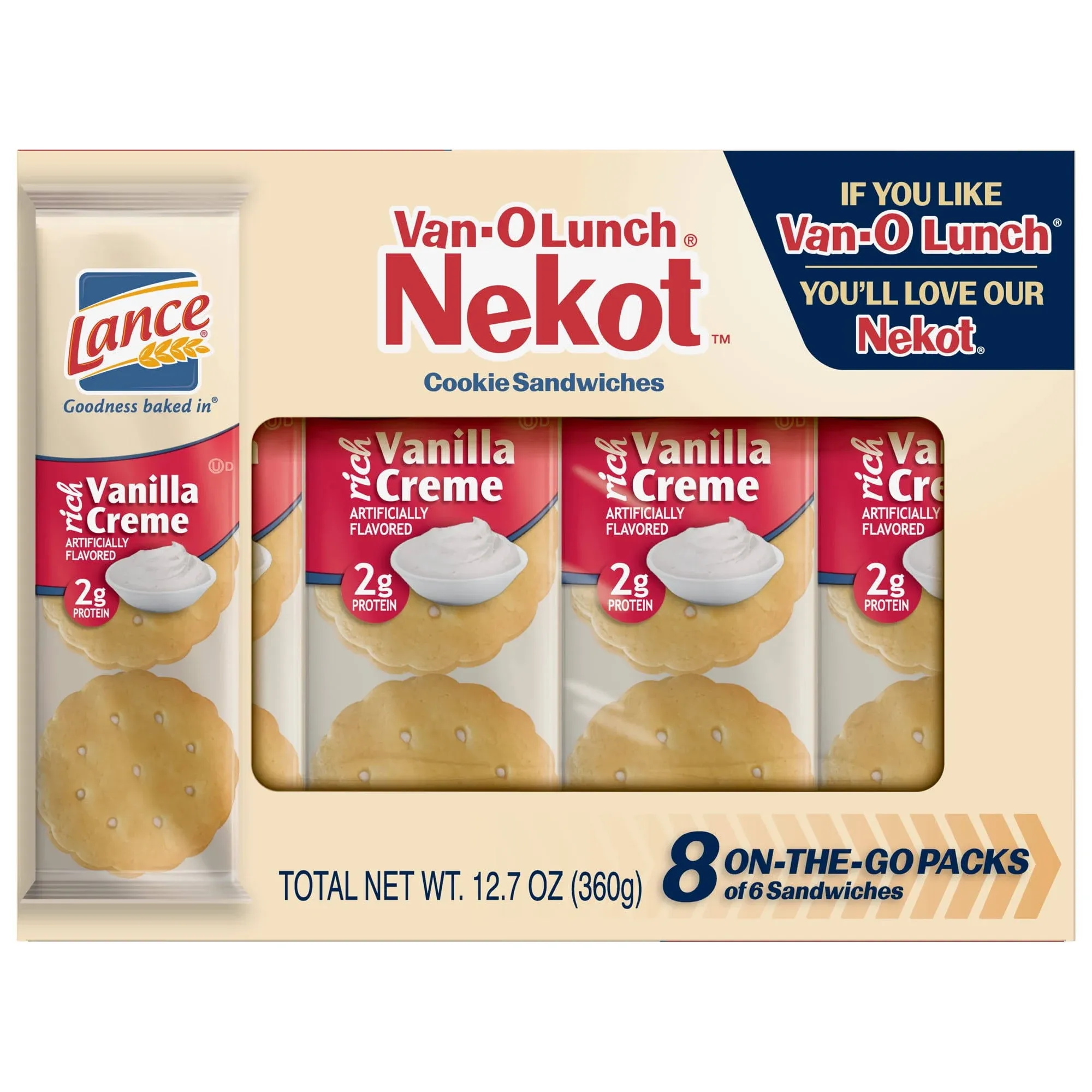 Lance Nekot Van-O Lunch Cookie Sandwiches, Rich Vanilla Creme, On-The-Go Packs - 8 cookie sandwiches, 12.7 oz