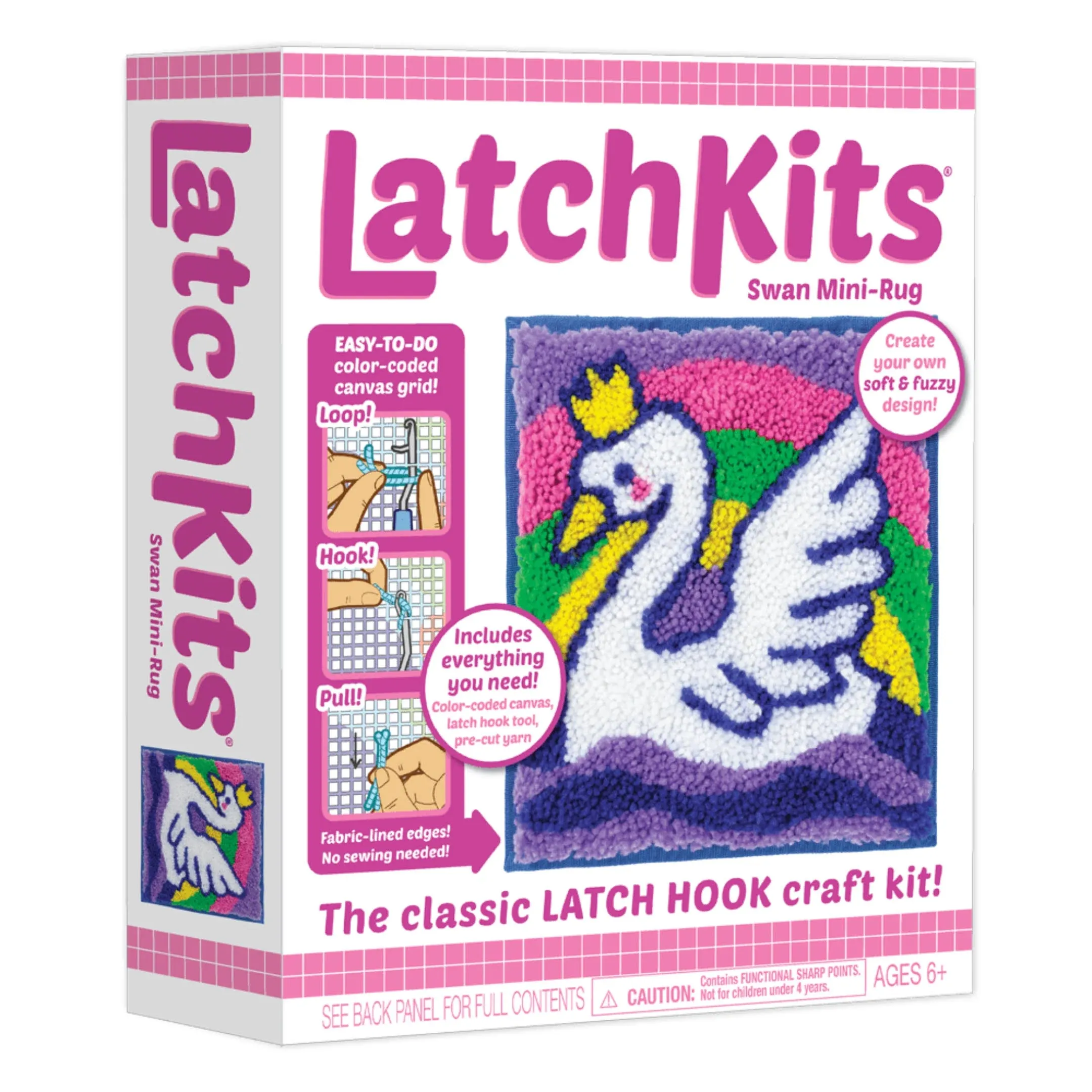 Latch Hook Kit for Wall Hangings & Mini-Rugs - Swan - Craft Kit with Easy, Color-Coded Canvas, Pre-Cut Yarn & Latch Hook Tool - Perfect DIY Craft for Kids - Ages 6 and Up, Small