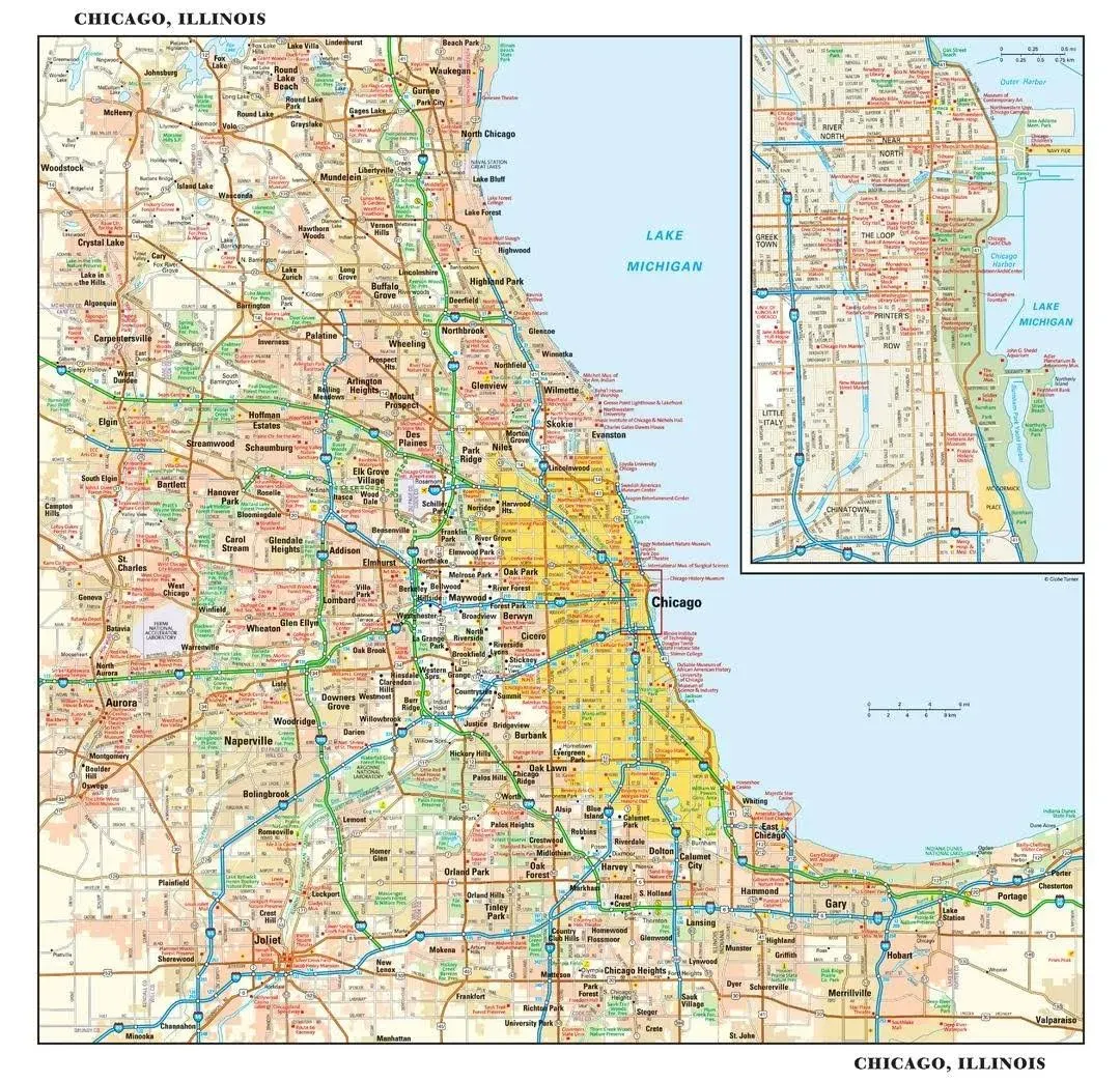 Globe Turner Chicago, Illinois Wall Map, Small - 15" x 14.5" Laminated