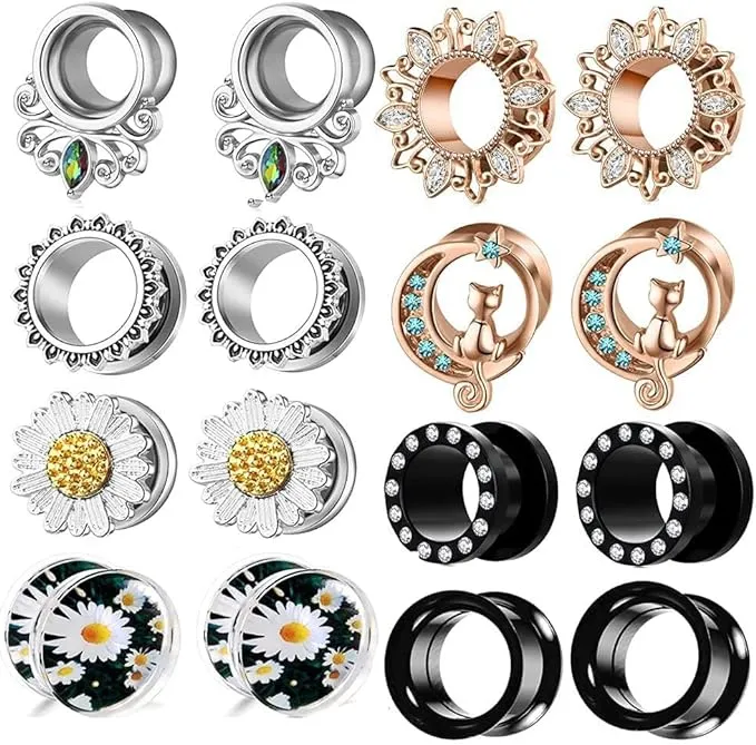 8 Pairs Ear Gauges For Women Black Internally Flare Earrings Plugs Gauges For Ear Stainless Steel Plug Tunnel Piercing Stretcher Kit 00g 0g-5/8'' inch