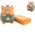 YUDONG 15" Kids Stuffed Animals Travel Blanket and Pillow Set,Cute Dog Plush Pillow with Hand Warmer Design,Perfect for Travel, Camping, Home and Office.