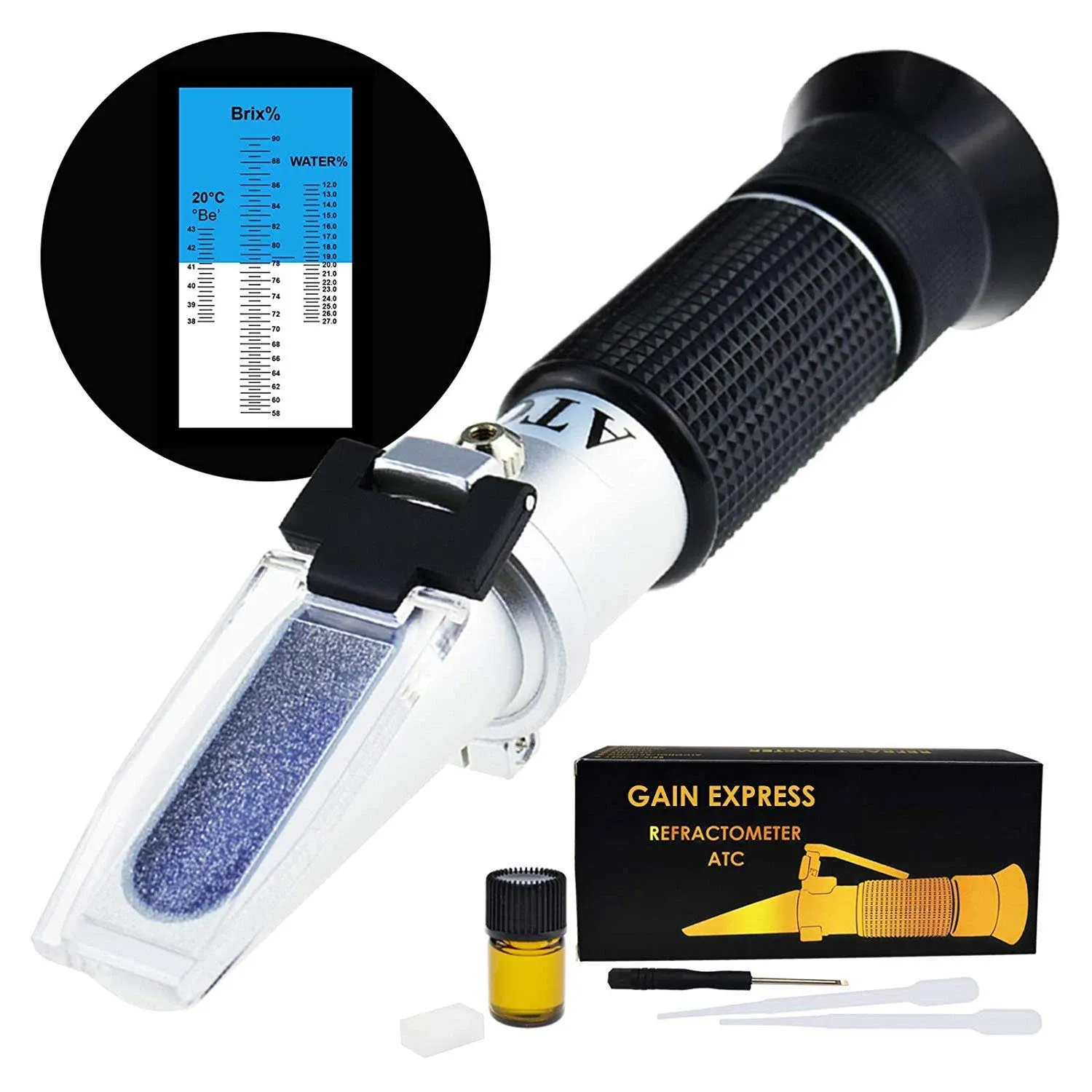 Gain Express 3-in-1 Honey Refractometer Brix/Moisture/Baume Tester Meter ATC, Tri-Scale 58-90%/12-27%/38-43Be', Sugar Water Content Level Beekeeping Maple Syrup, Test Kit w/Calibration Oil & Block