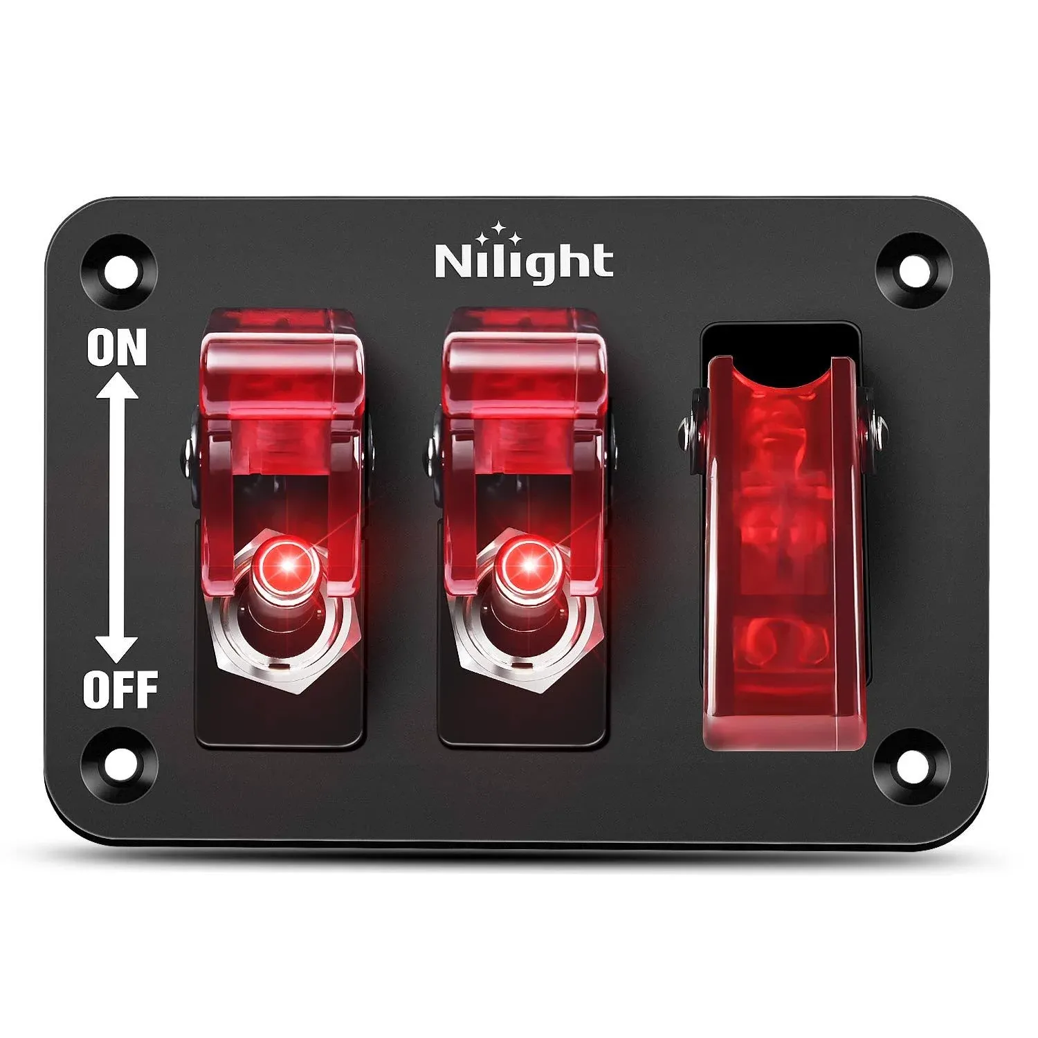 3Gang 3Pin SPST ON/Off Red Rocker Switch Panel w/ LED Light Flip Cover