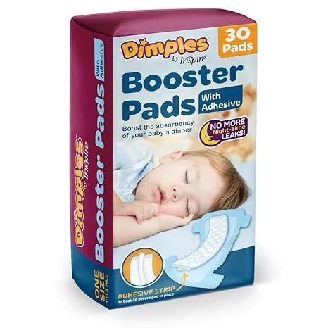 Inspire Dimples Booster Pads, Baby Diaper Doubler with Adhesive - Boosts Diaper Absorbency - No More Leaks 30 Count (with Adhesive for Secure Fit)