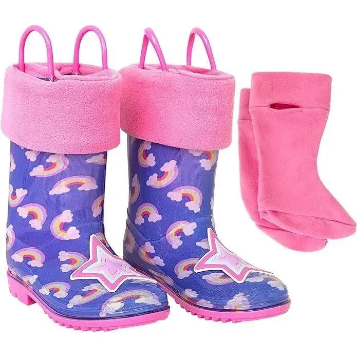 Addie & Tate Boys and Girls Rain Boots with Sock, Kids Rubber Boots- Size 9T (Rainbows /Stars)