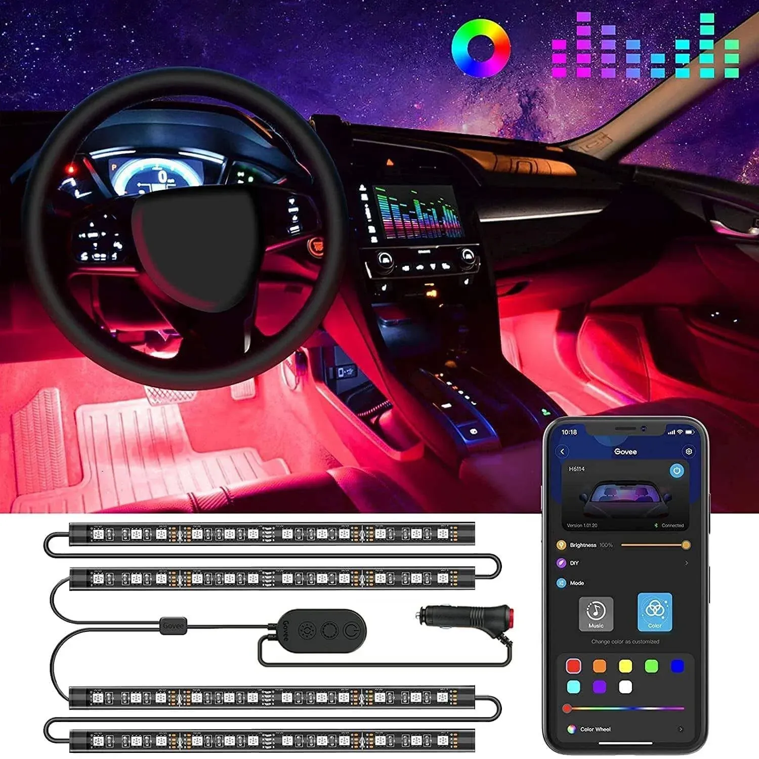 Govee Interior Lights for Car, App Control Smart Car Lights with DIY Mode and Music Mode