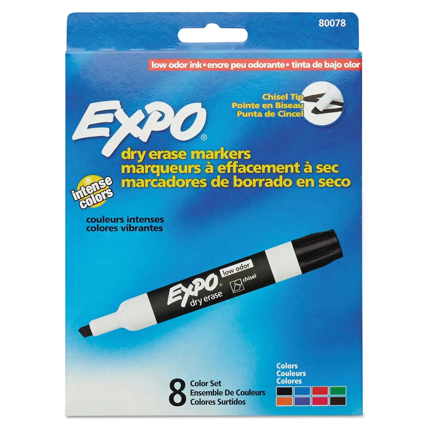 Expo 80174 Low Odor Chisel Point Dry Erase Marker Pack, Designed for Whiteboards, Glass and Most Non-Porous Surfaces, 4 Assorted Color Markers, Pack of 6 Blisters