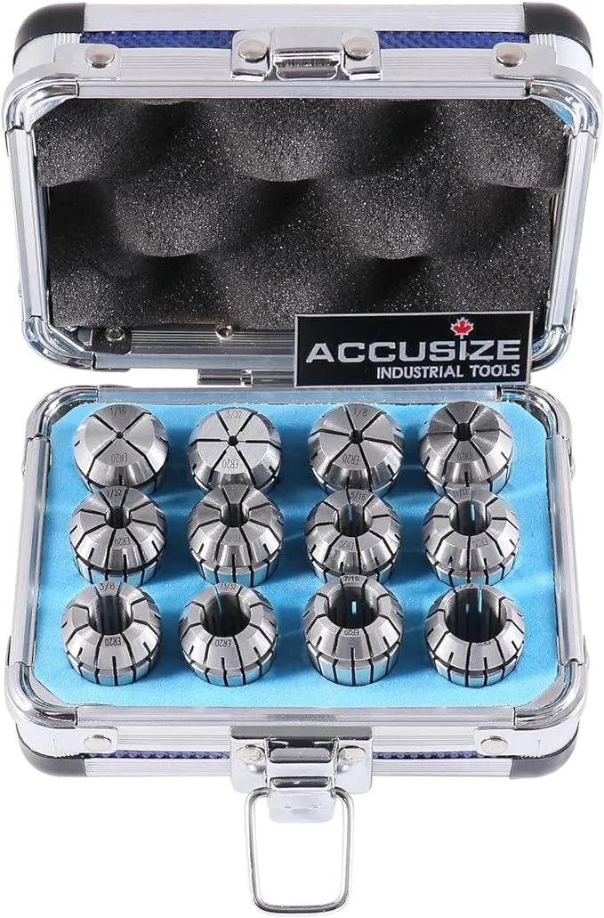 Accusize Industrial Tools 12 Pc Er-20 Collet Set, Size from 1/16'' up to 1/2'' in Fitted Strong Alunimum Box, 0223-0799