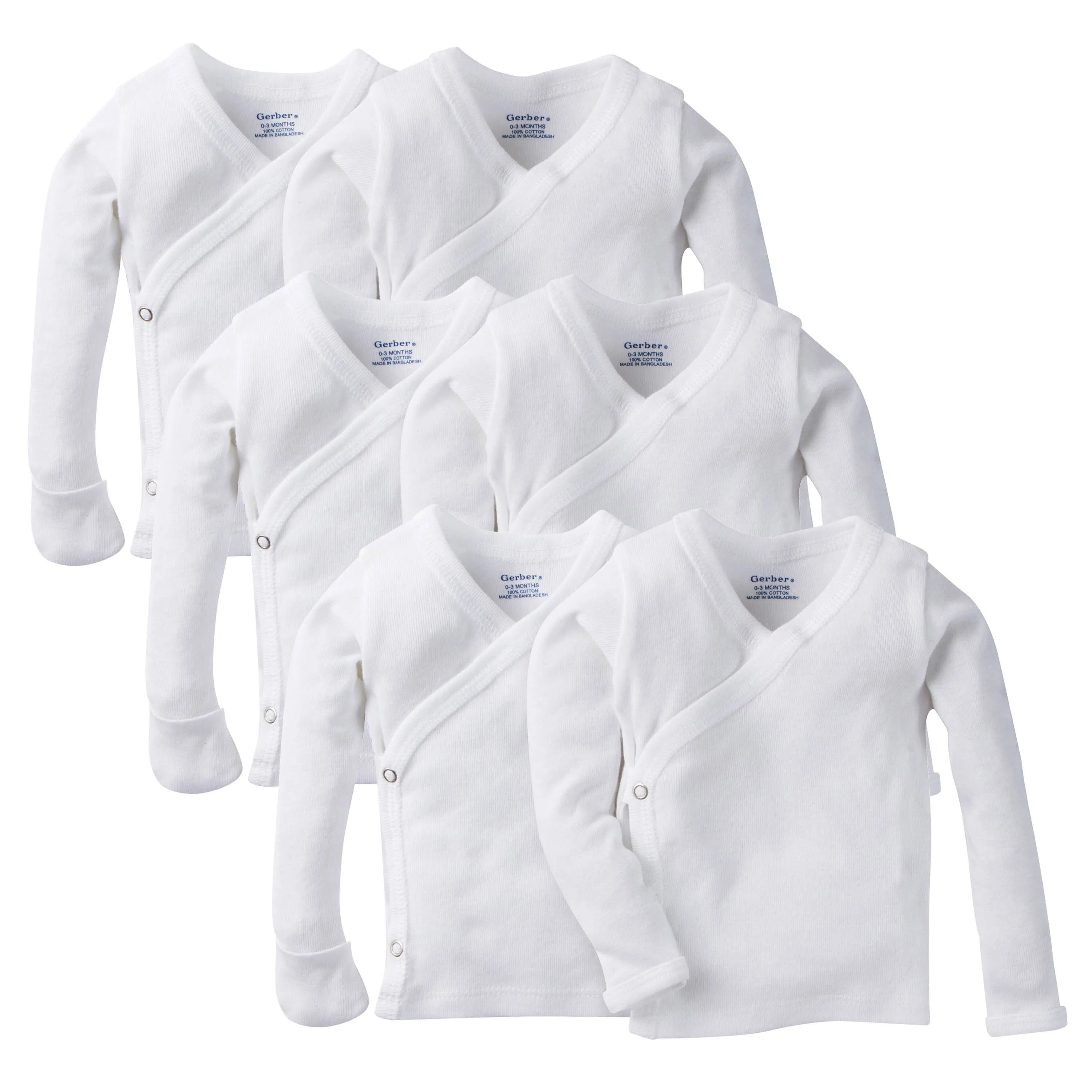 Gerber Baby 6-Pack Long-Sleeve Side-Snap Mitten-Cuff Shirt