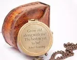 GROW OLD WITH ME ENGRAVED BRASS COMPASS ON CHAIN WITH LEATHER CASE