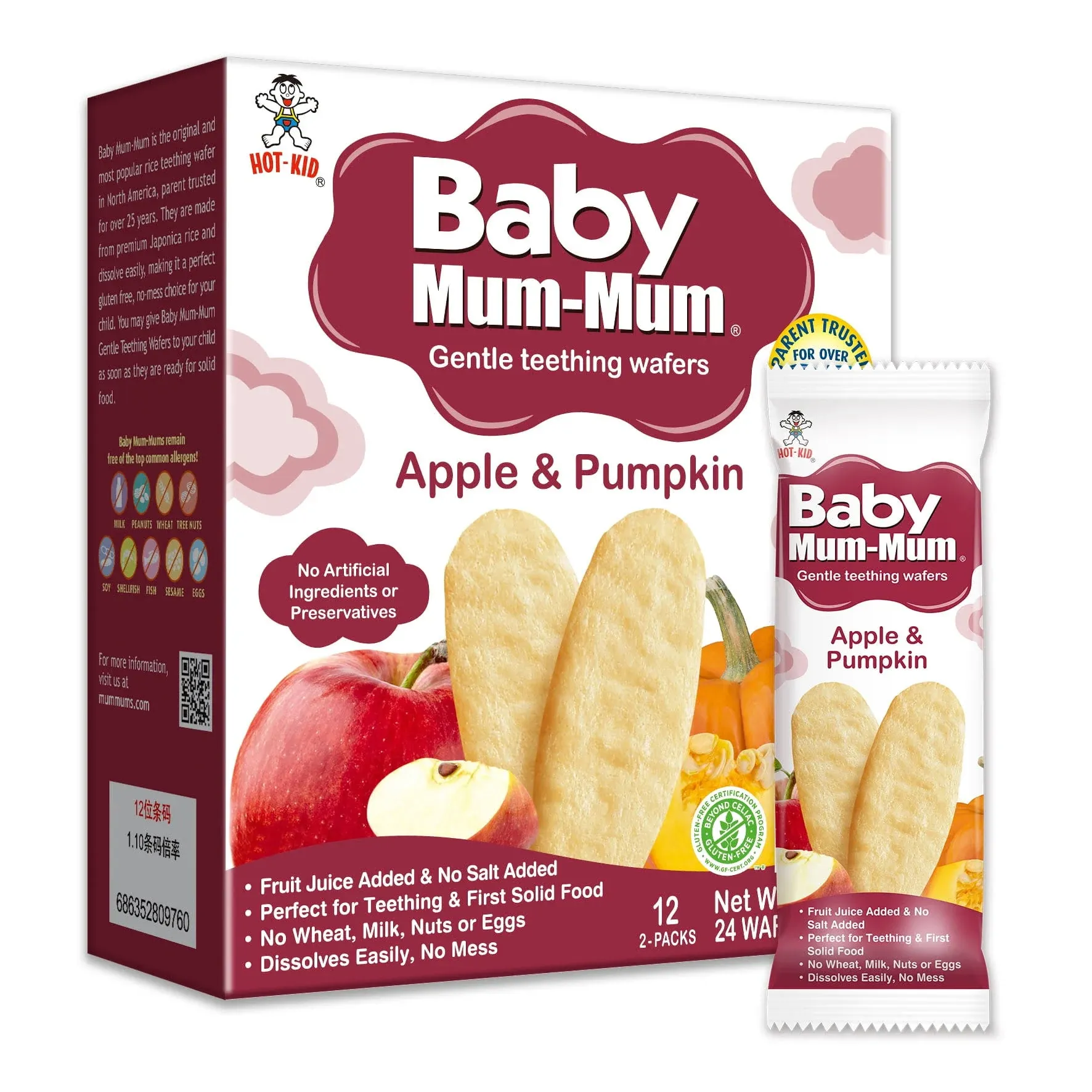 Hot Kid, Baby Mum-Mum, Pastilles de dentition douces, Pomme et courge, 12 sachets, 2 gaufrettes chacune