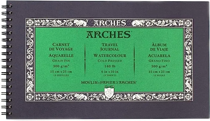 Arches Watercolor Travel Journal 6x10-inch Natural White 100% Cotton Paper - 15 Sheets of Arches Watercolor Paper 140 lb Cold Press - Arches Watercolor Journal for Gouache Ink Acrylic and More