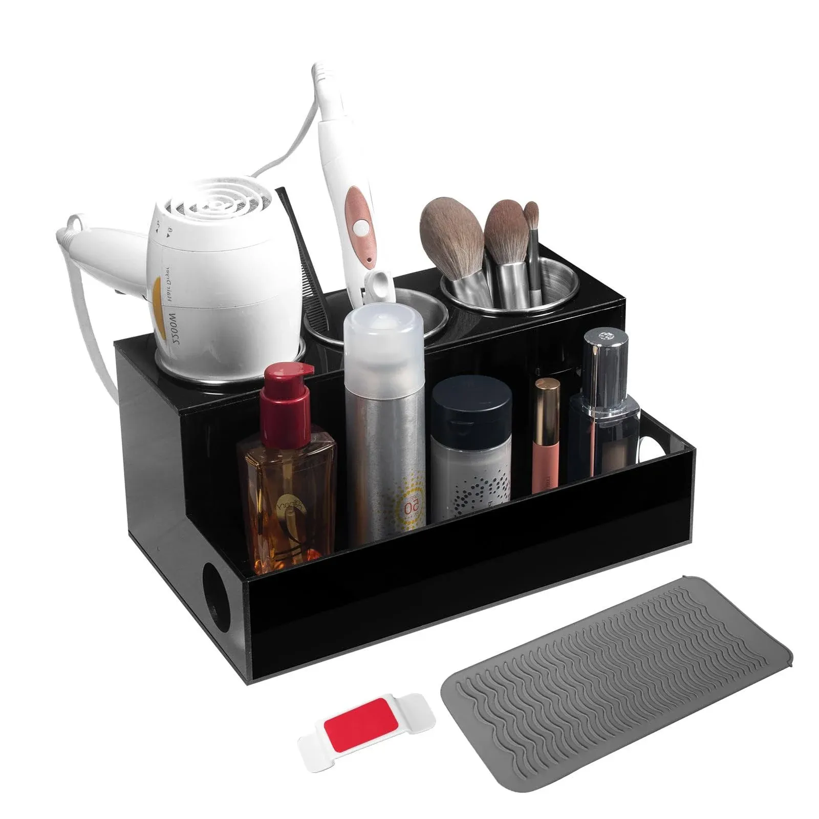 A & R Hair Tool Organizer, Clear Acrylic Blow Dryer Holder, Hair Dryer Organizer for Countertop, Bathroom & Vanity with 3 Heatproof Steel Cups