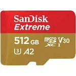 SanDisk 512GB Extreme microSDXC UHS-I Memory Card with Adapter - Up to 190MB/s, C10, U3, V30, 4K, 5K, A2, Micro SD Card - SDSQXAV-512G-GN6MA