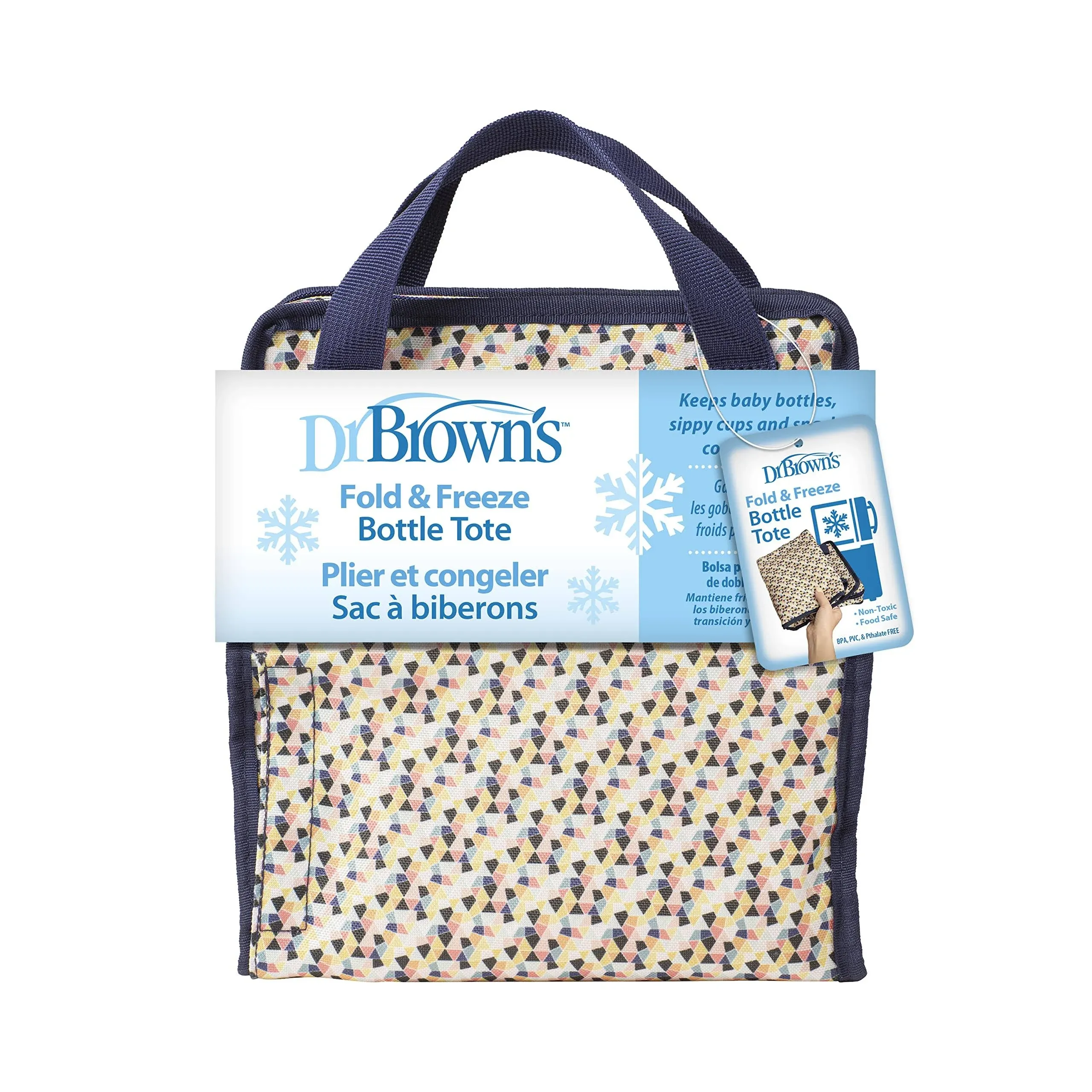 Dr. Brown's Fold & Freeze Bottle Tote, Travel Baby Bottle Insulated Cooler Bag, Store Up to 6 Baby Bottles, Geometric Multicolor, BPA Free, Size: Dr.