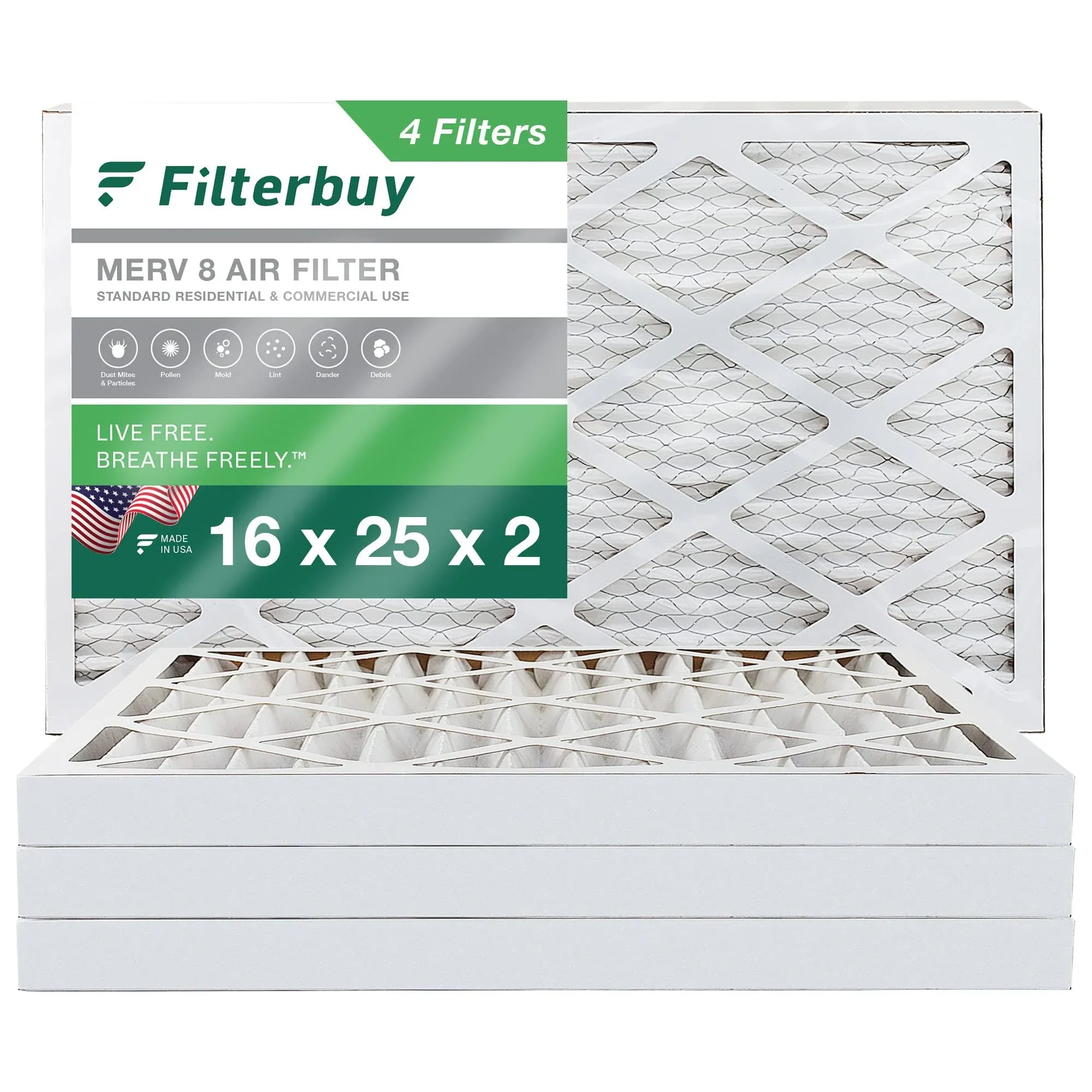 Filterbuy AFB16x25x2M8pk4Filterbuy 16x25x2 Air Filter MERV 8, Pleated HVAC AC Furnace Filters Replacement (Set of 4)