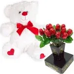 Valentines Day Gift Basket | Teddy Bear Plush 12 Inches (Color may Vary) & A dozen Belgian Milk Chocolate Rose Bouquet | For Her Wife Girlfriend Mother Daughter