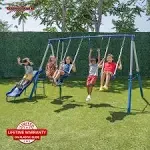 Sportspower Arcadia Metal Swing Set with 5’ Slide, Trapeze, & 2-Person Glider Swing (teal version)