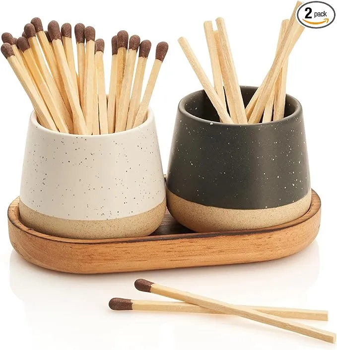 Decorative Ceramic Match Holder With Wooden Tray - Set of 2 Beautiful Matte Holders with Striker Are an Upgrade To Any Home Decor - Enhance Your Living Room With Cute Jars - Matches Not Incl.