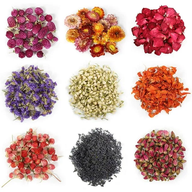 SACATR 9 Bags Dried Flowers,100% Natural Dried Flowers Herbs Kit for Soap Making, DIY Candle Making,Bath - Include Rose Petals,Lavender,Don't Forget