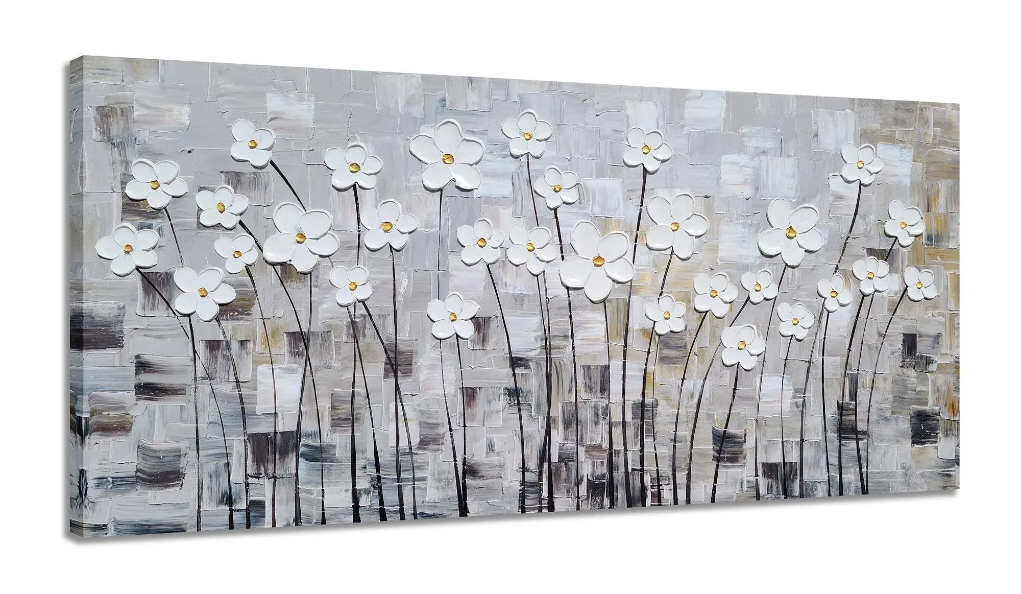 YHSKY ARTS Flower Picture Wall Decor with Heavy Textured Modern Grey and White 3D Paintings Contemporary Aesthetic Artwork for Living Room Bedroom Bathroom Decor