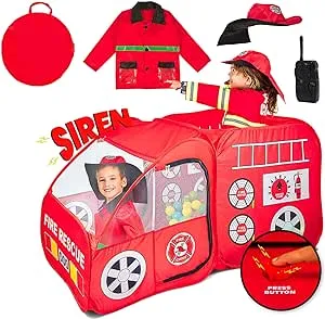 Kiddey Fire Truck Tent for Kids | Firetruck Play Tents with Sirens and Fireman Sounds for Girls, Boys, & Toddlers Gifts | Red Fire Engine Pop Up