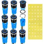 DaierTek Waterproof Latching Push Button Switch 12V 19mm On Off Black Metal Pre-Wired 12 Volt Blue LED Light Illuminated for Marine RV -8 Pack