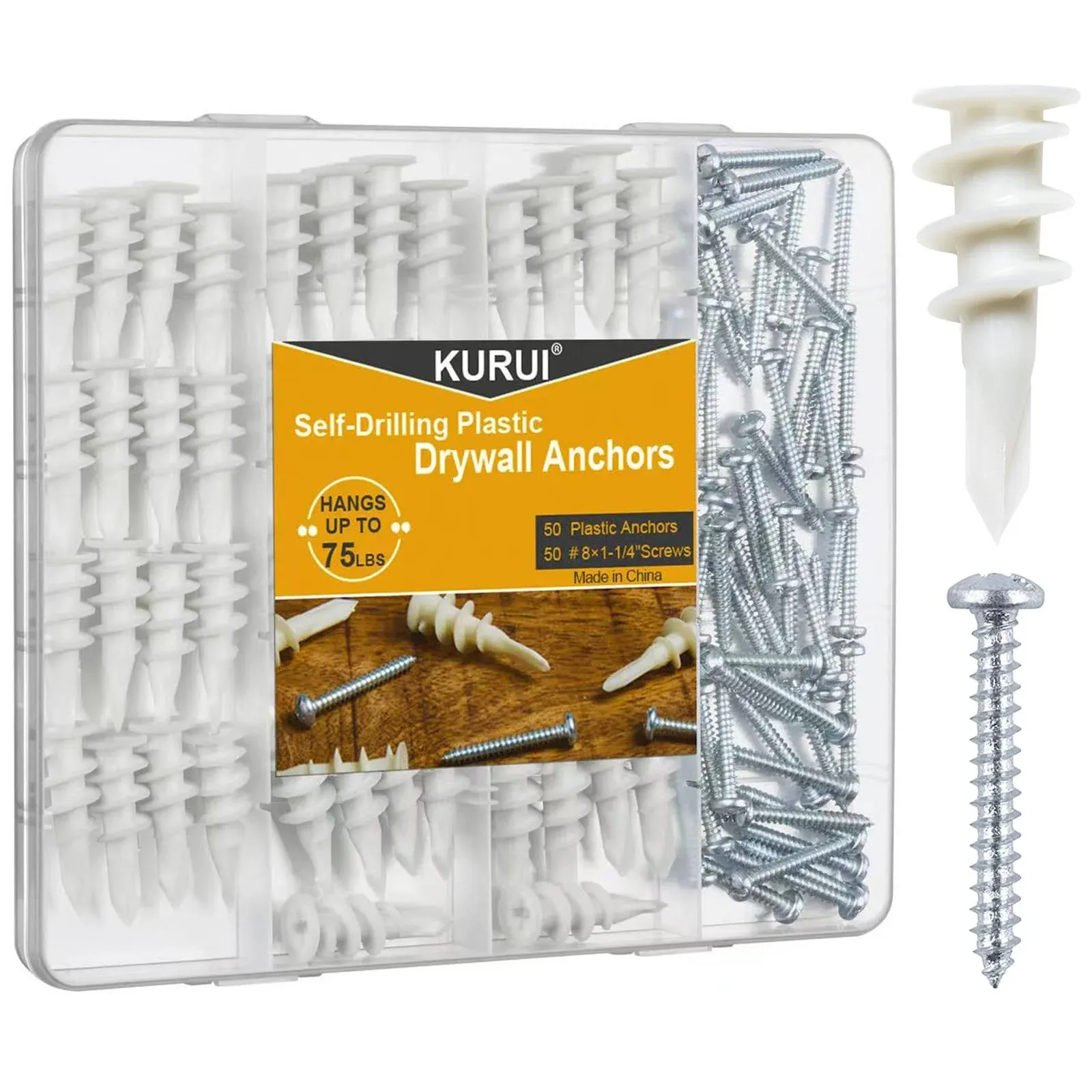 KURUI #8 Self Drilling Drywall Anchors, 100pcs Wall Anchors and Screws for Drywall, 50 Self-tapping/threaded Plastic Sheetrock Anchors + 50#8 x 1-1/4' SF31248