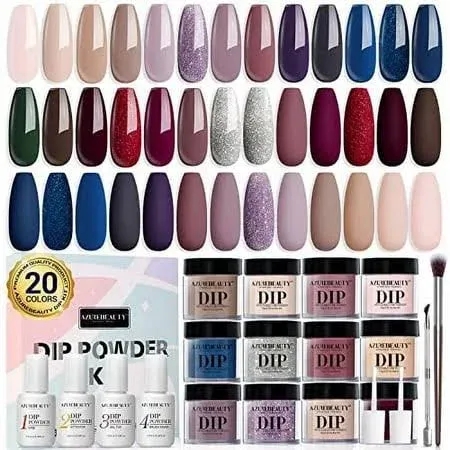 AZUREBEAUTY 29 Pcs Dip Powder Nail Kit Starter Set, 20 Colors Nude Pink Purple Blue Brown Glitter Acrylic Dipping Powder System Liquid Set with Top/