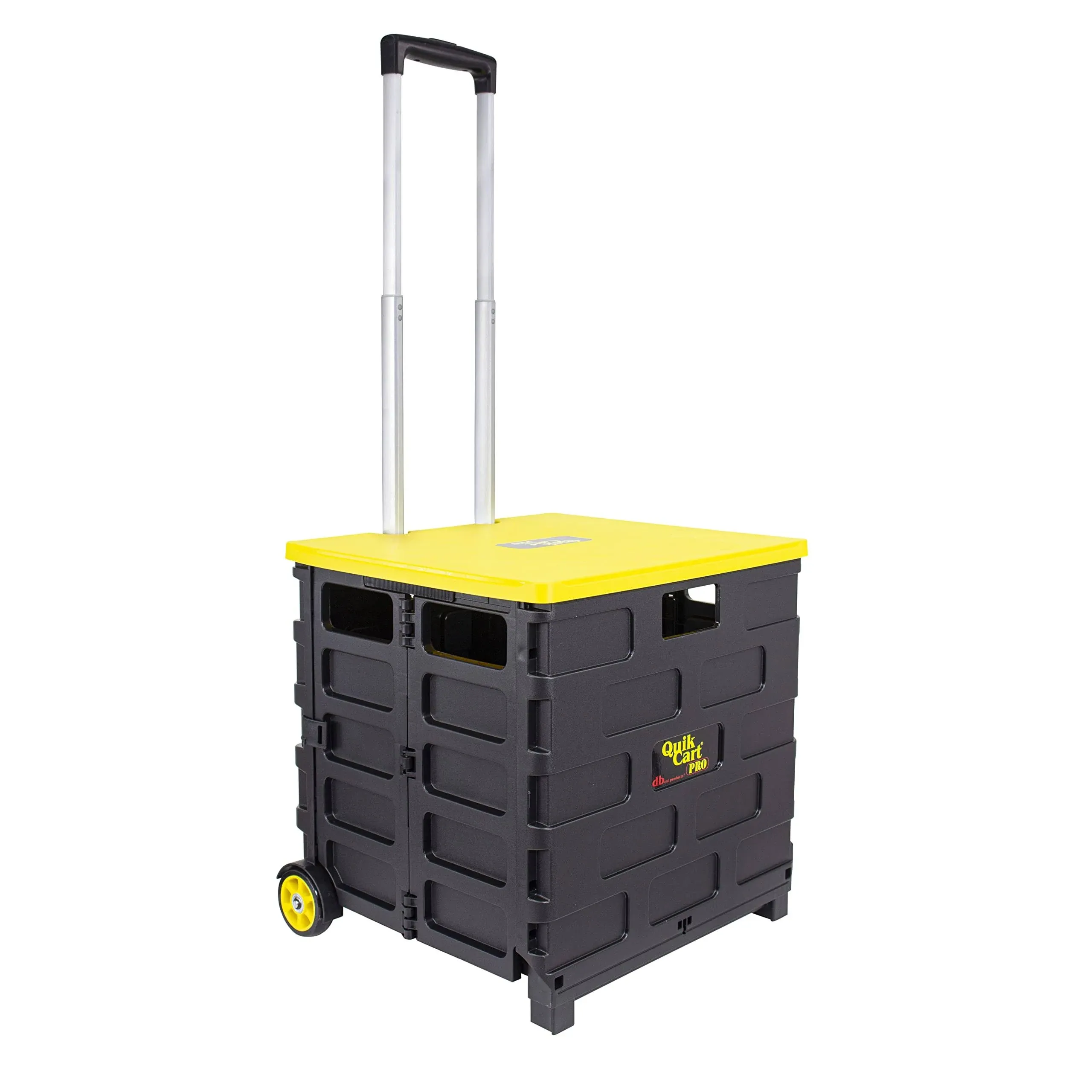 Quik Cart Pro Polypropylene Collapsible Handcart with Lid Seat Stool, Yellow