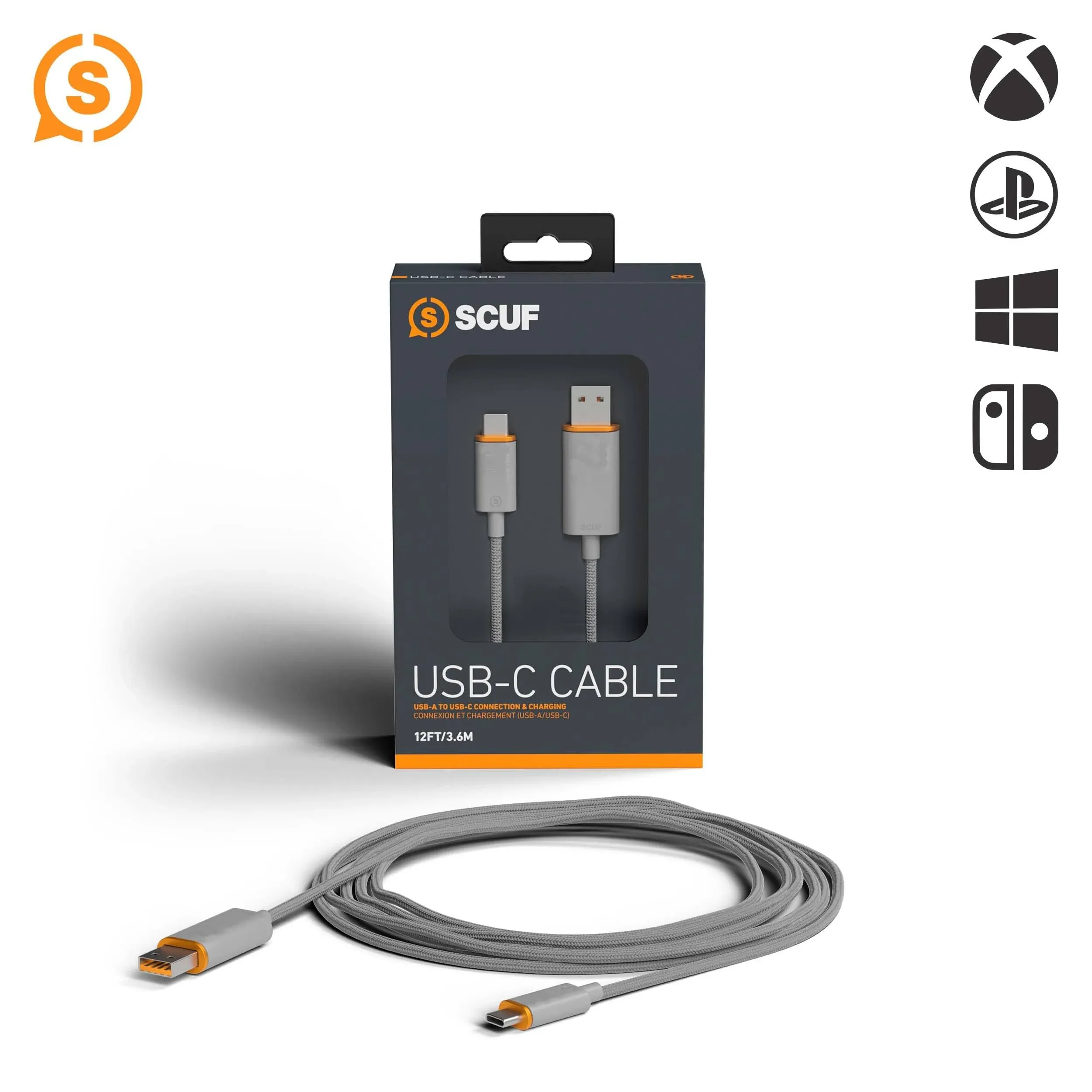 SCUF Braided USB-C Cable - Light Gray 6 feet / 2 Meters USB Type C Connection and Charging for Xbox Controllers, PS5 Controllers, and Smart Phones - Xbox Series X;