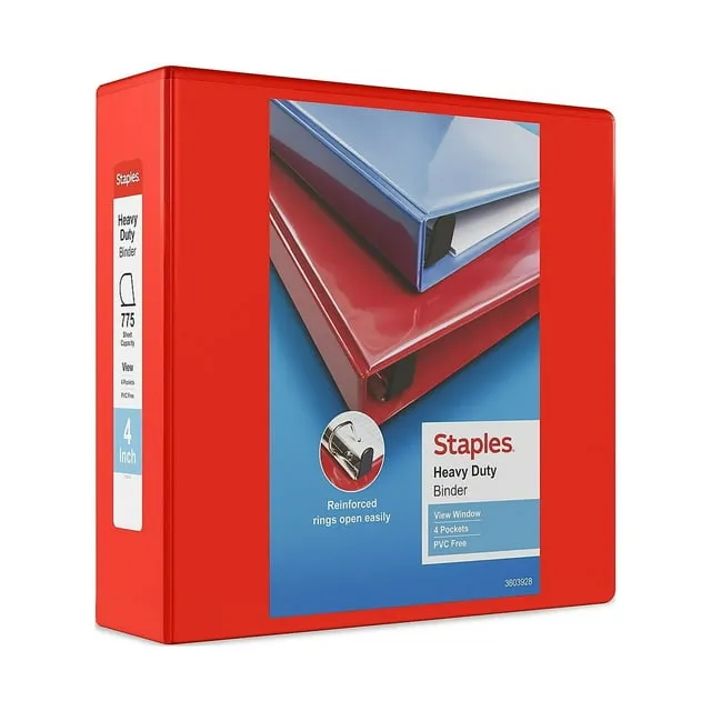 Staples Heavy-Duty 4-Inch D 3-Ring View Binder, Red (24698-US)