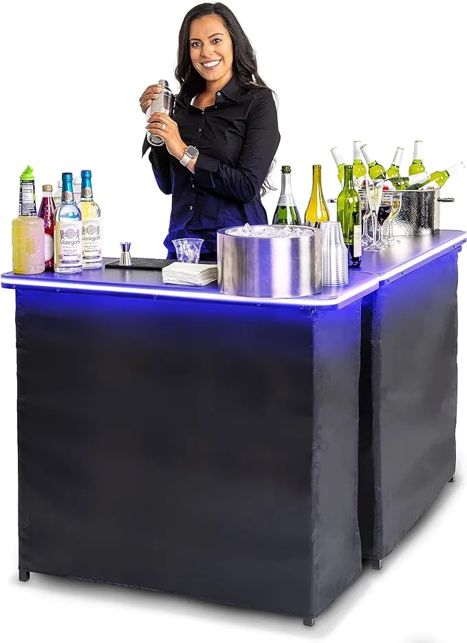 Gobar Portable Double Bar Table Set with Multi-Color LED Lights - Mobile Bartender Station for Events - Includes Carrying Case