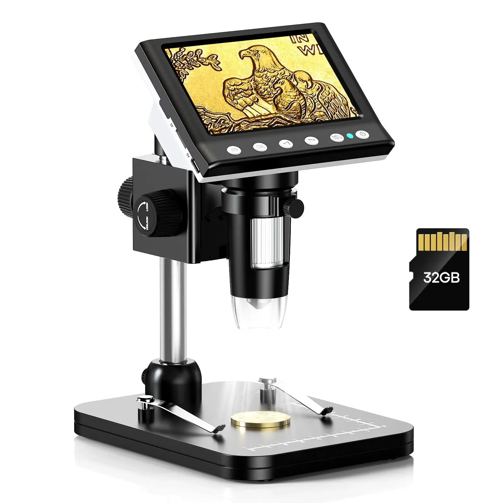 Hayve 4.3'' IPS Coin Microscope, 1000X Magnification Digital Microscope for Adults，Coin Collection Supplies with 8 Adjustable LEDs，Windows Compatible，32GB TF Card