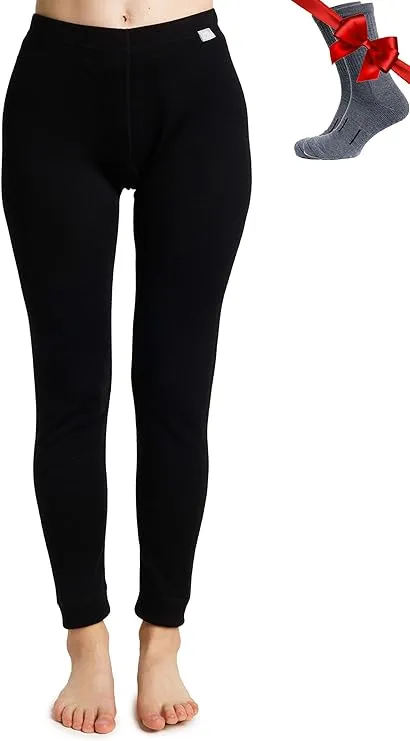 Merino Wool Base Layer Women Pants 100% Merino Wool Leggings Lightweight, Midweight Thermal Underwear Bottoms + Wool Socks